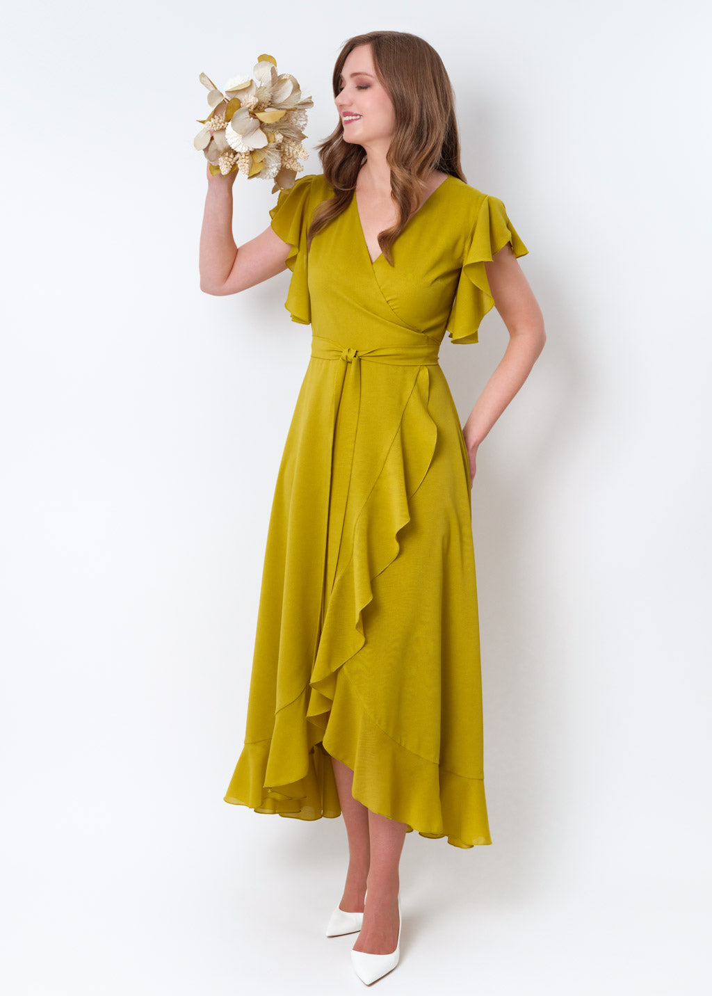 Yellow olive chiffon wrap dress