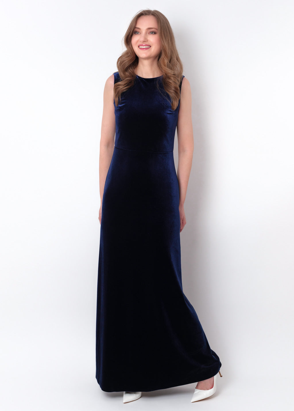 Navy blue velvet long pencil dress