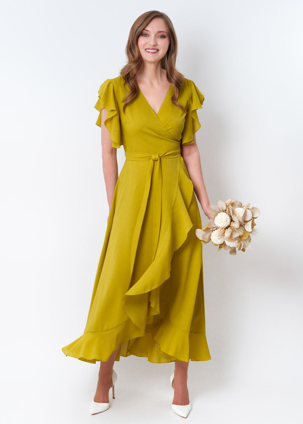 Yellow olive chiffon wrap dress