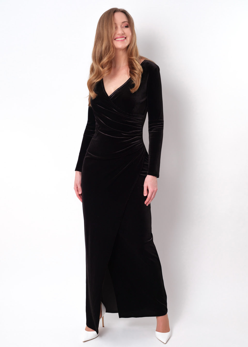 Black long wrap bodycon velvet dress