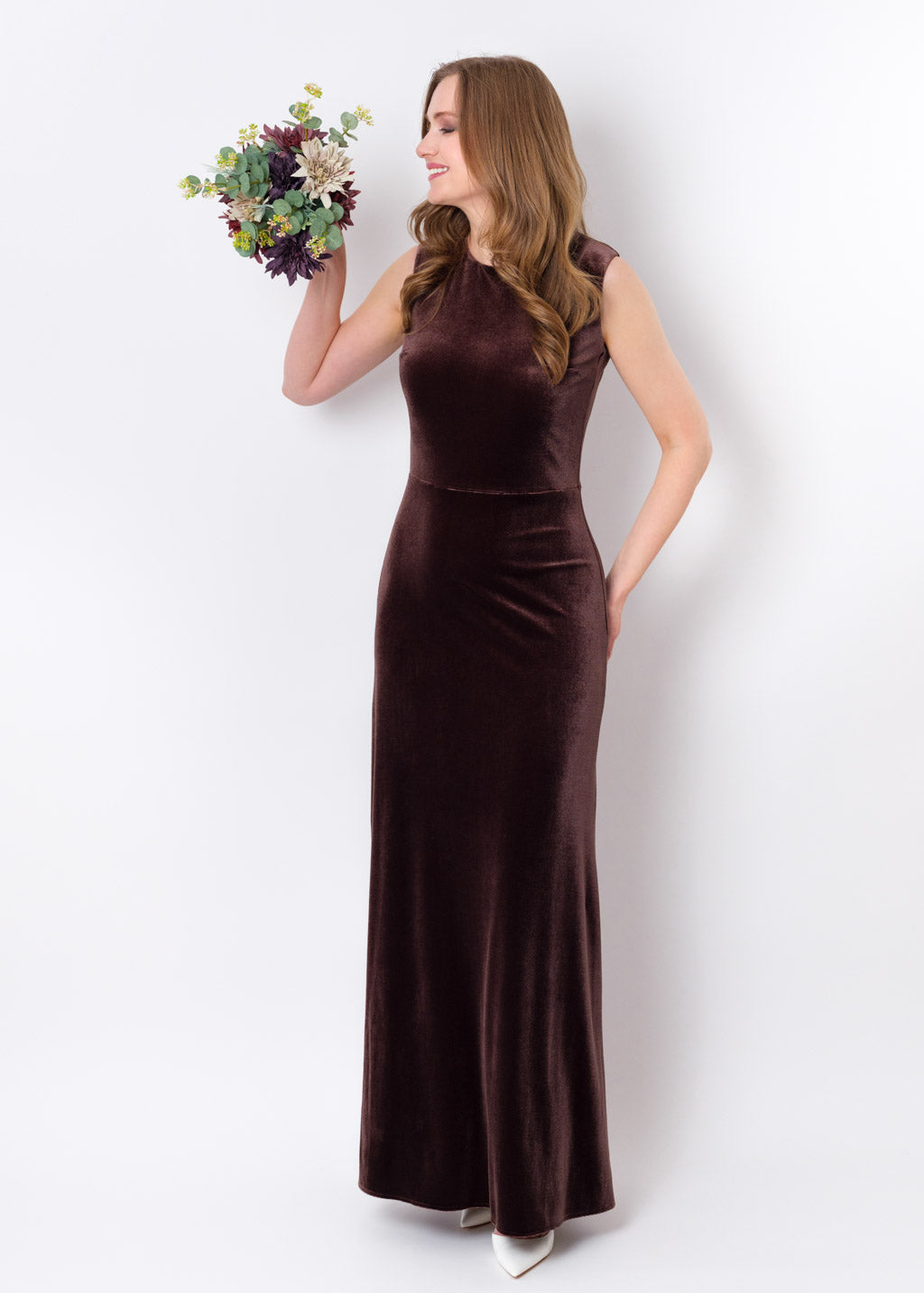 Chocolate brown velvet long pencil dress