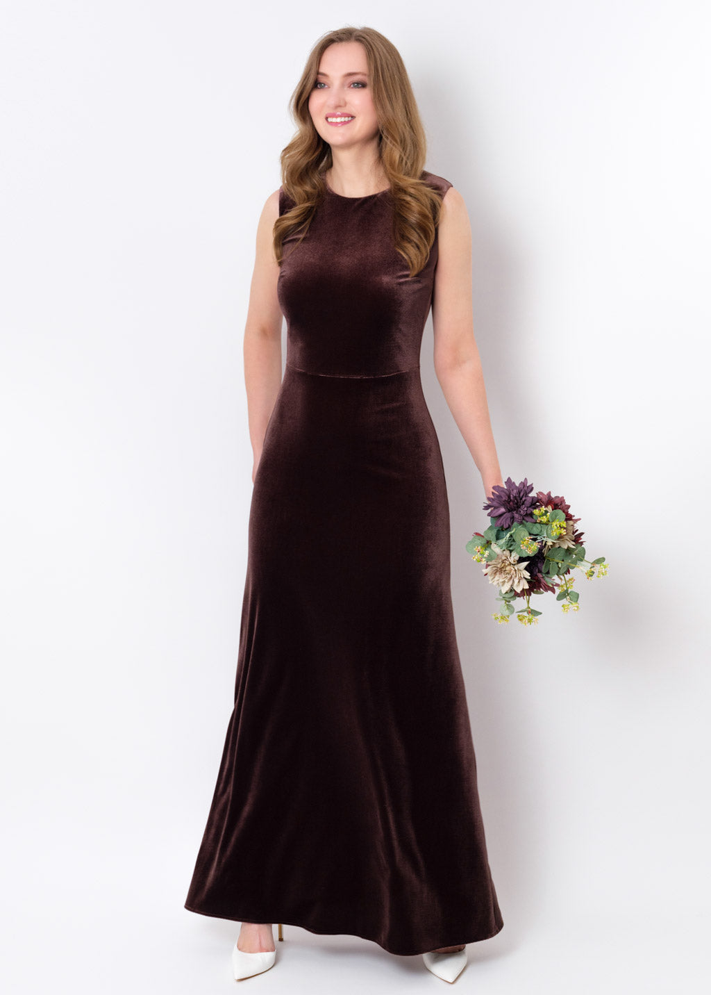 Chocolate brown velvet long pencil dress
