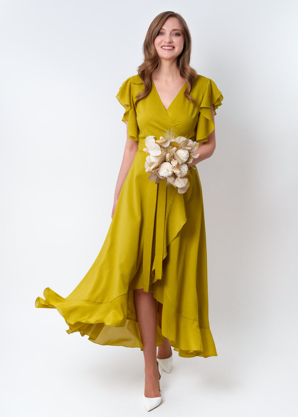 Yellow olive chiffon wrap dress