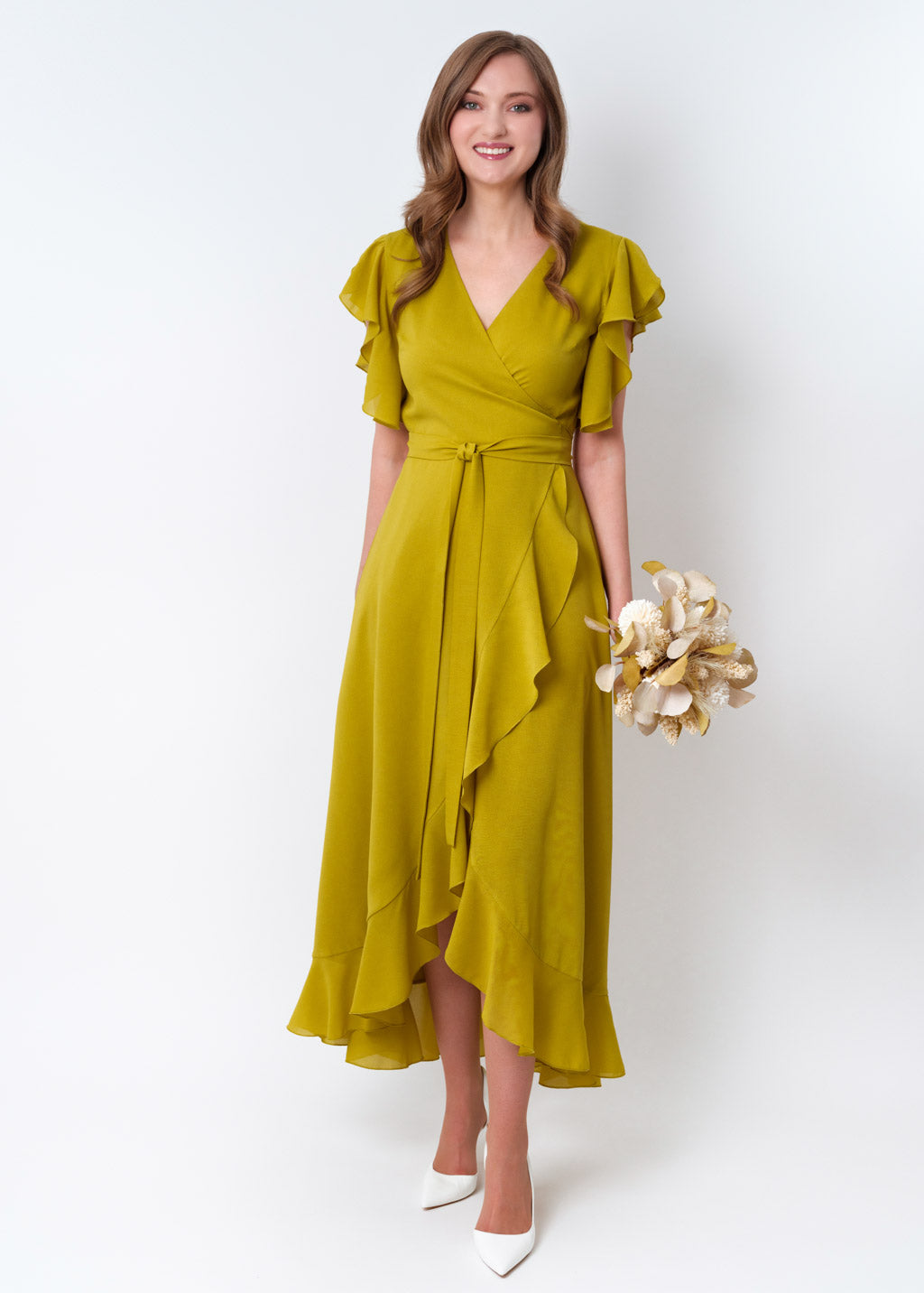 Yellow olive chiffon wrap dress