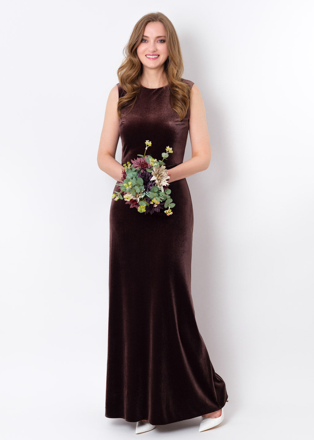 Chocolate brown velvet long pencil dress