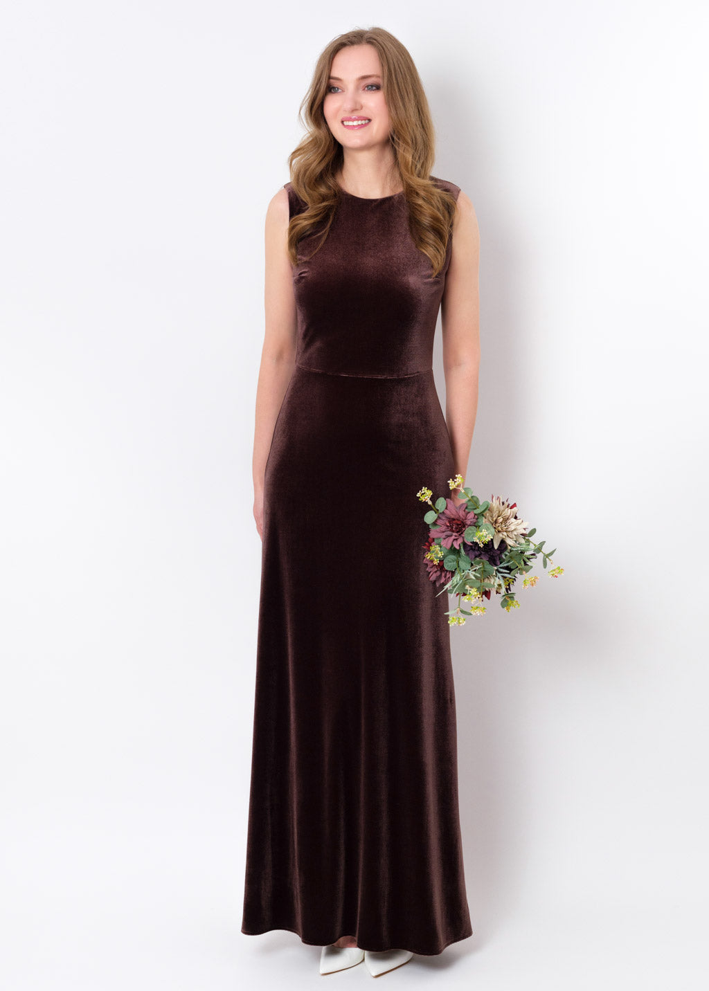 Chocolate brown velvet long pencil dress