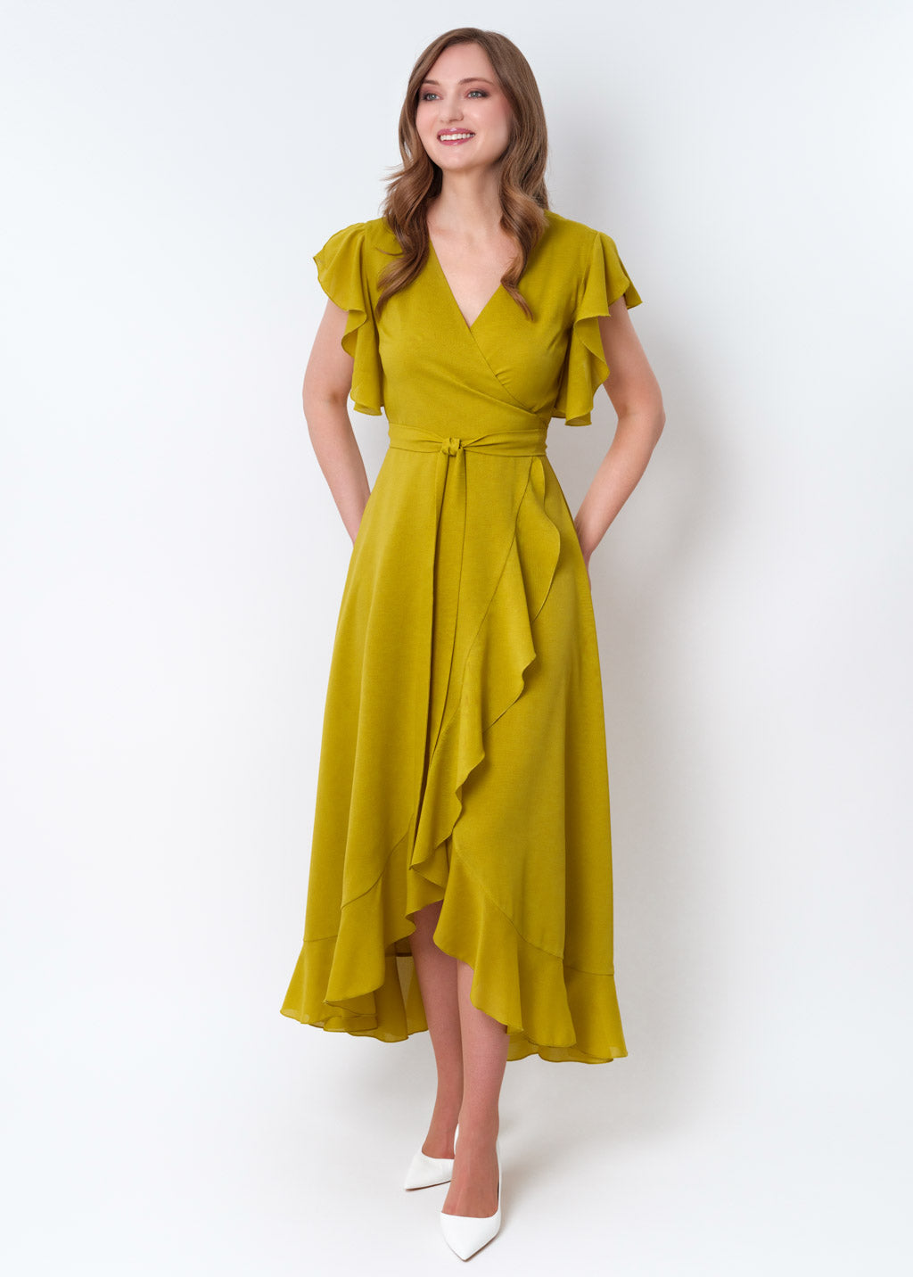 Yellow olive chiffon wrap dress