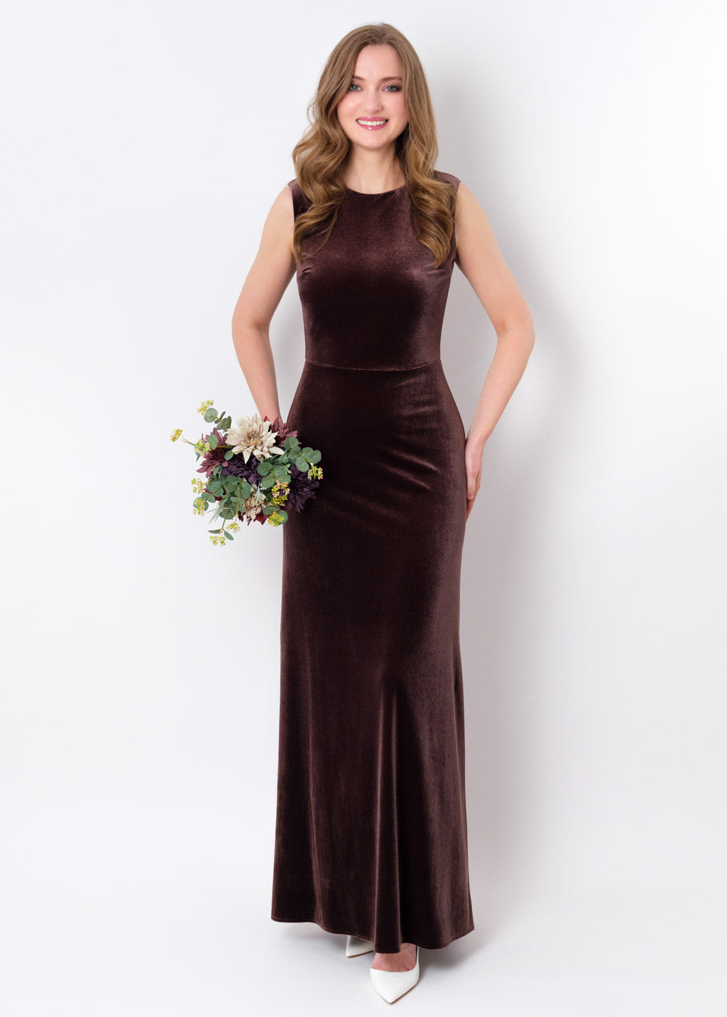 Chocolate brown velvet long pencil dress