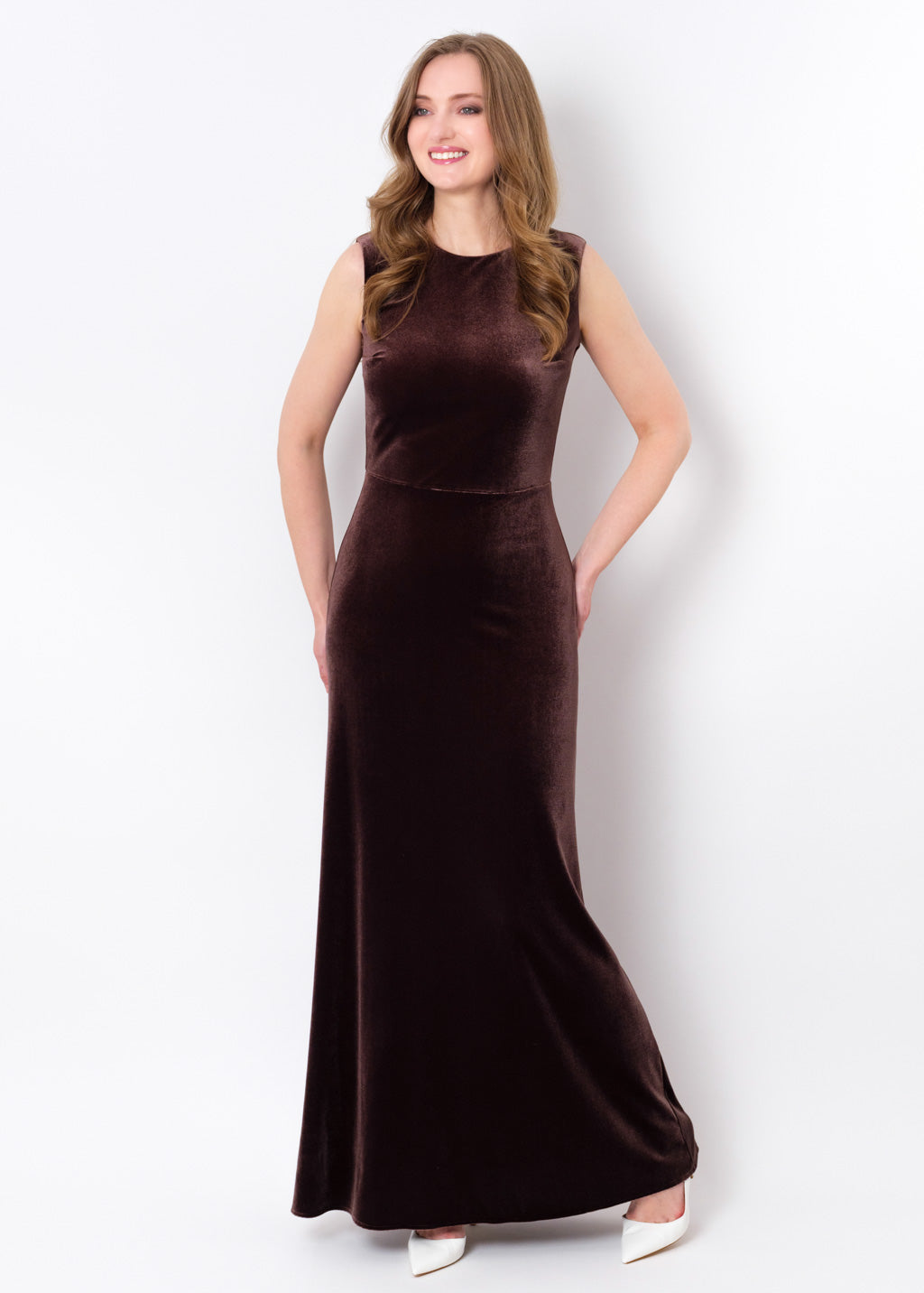 Chocolate brown velvet long pencil dress