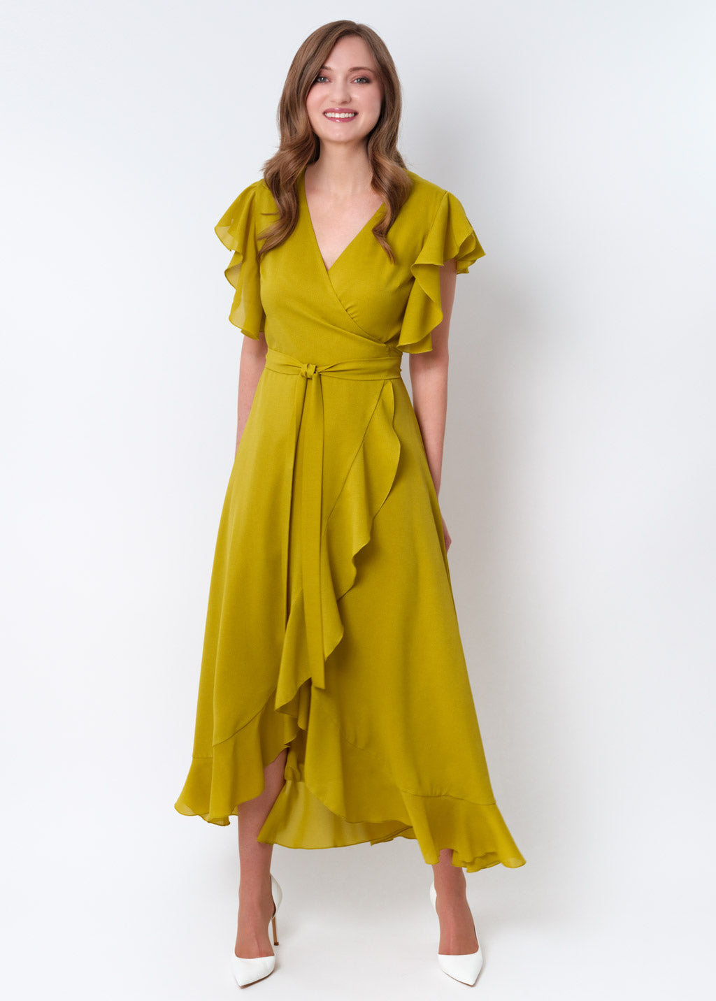 Yellow olive chiffon wrap dress