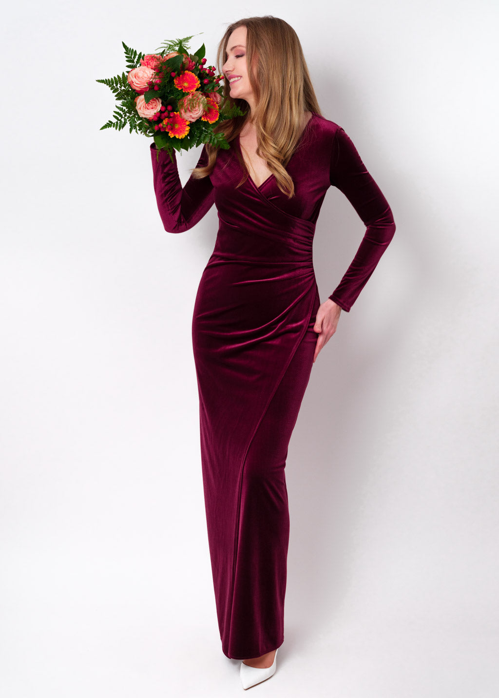 Plum burgundy long wrap bodycon velvet dress