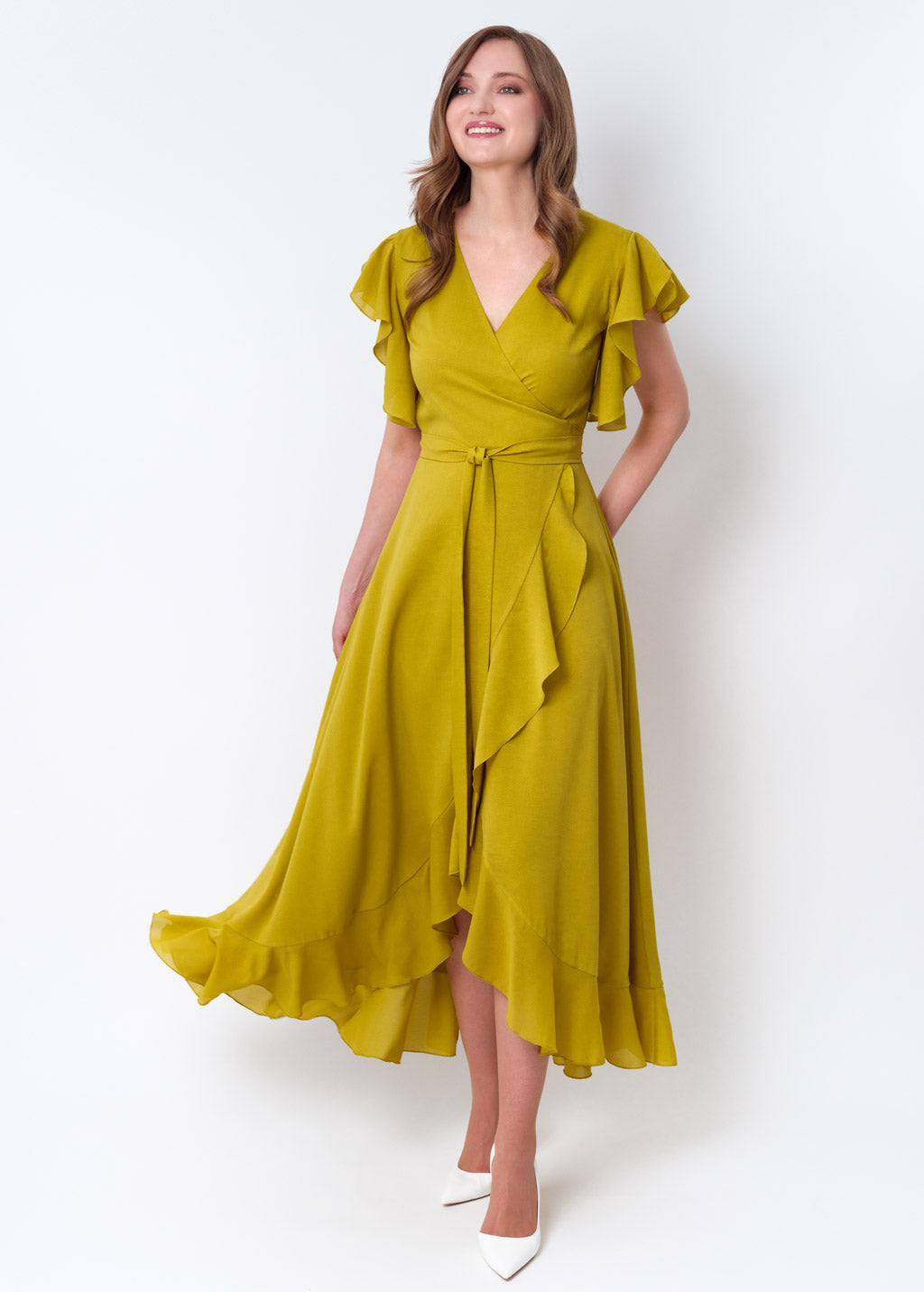 Yellow olive chiffon wrap dress