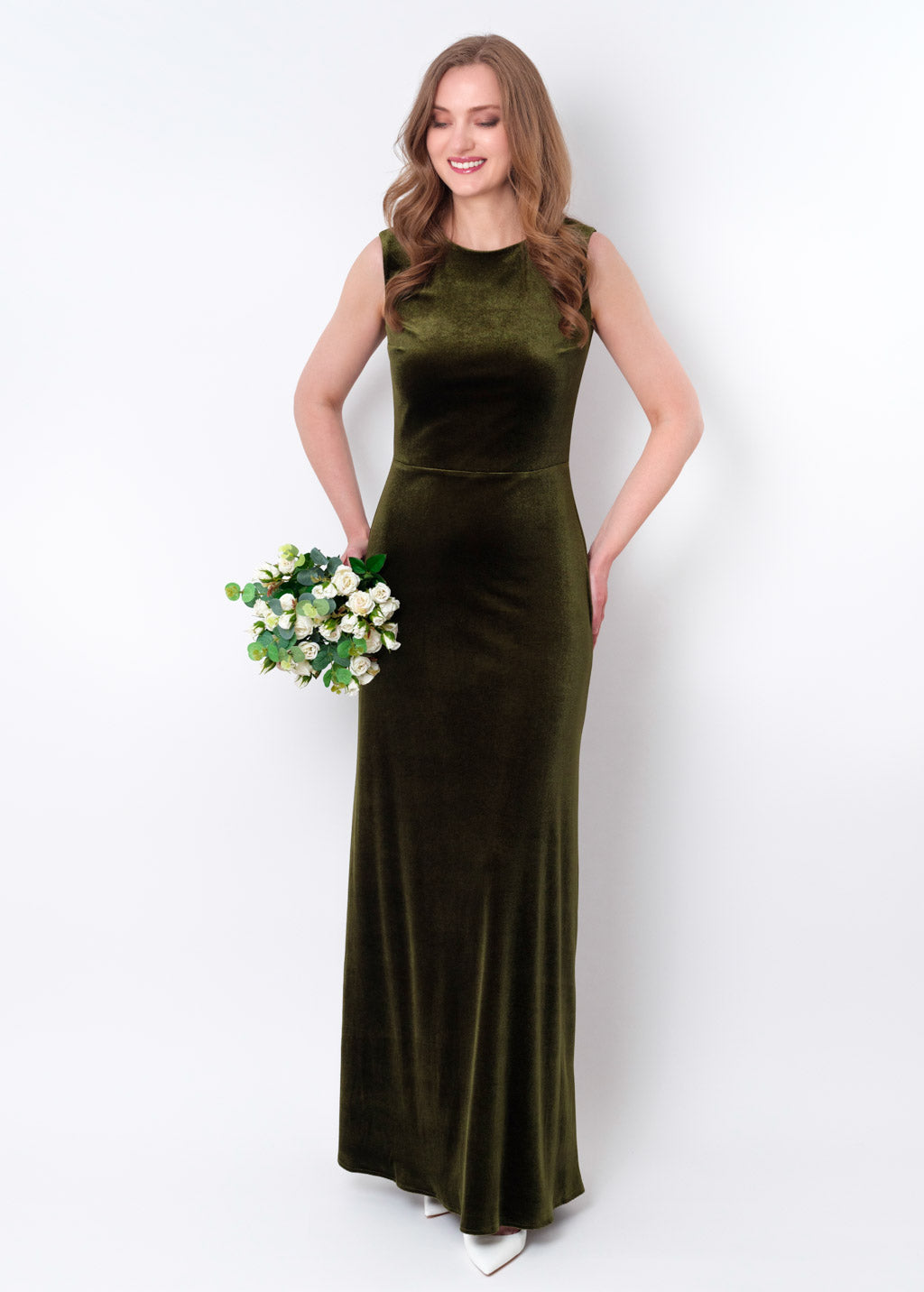 Olive green velvet long pencil dress
