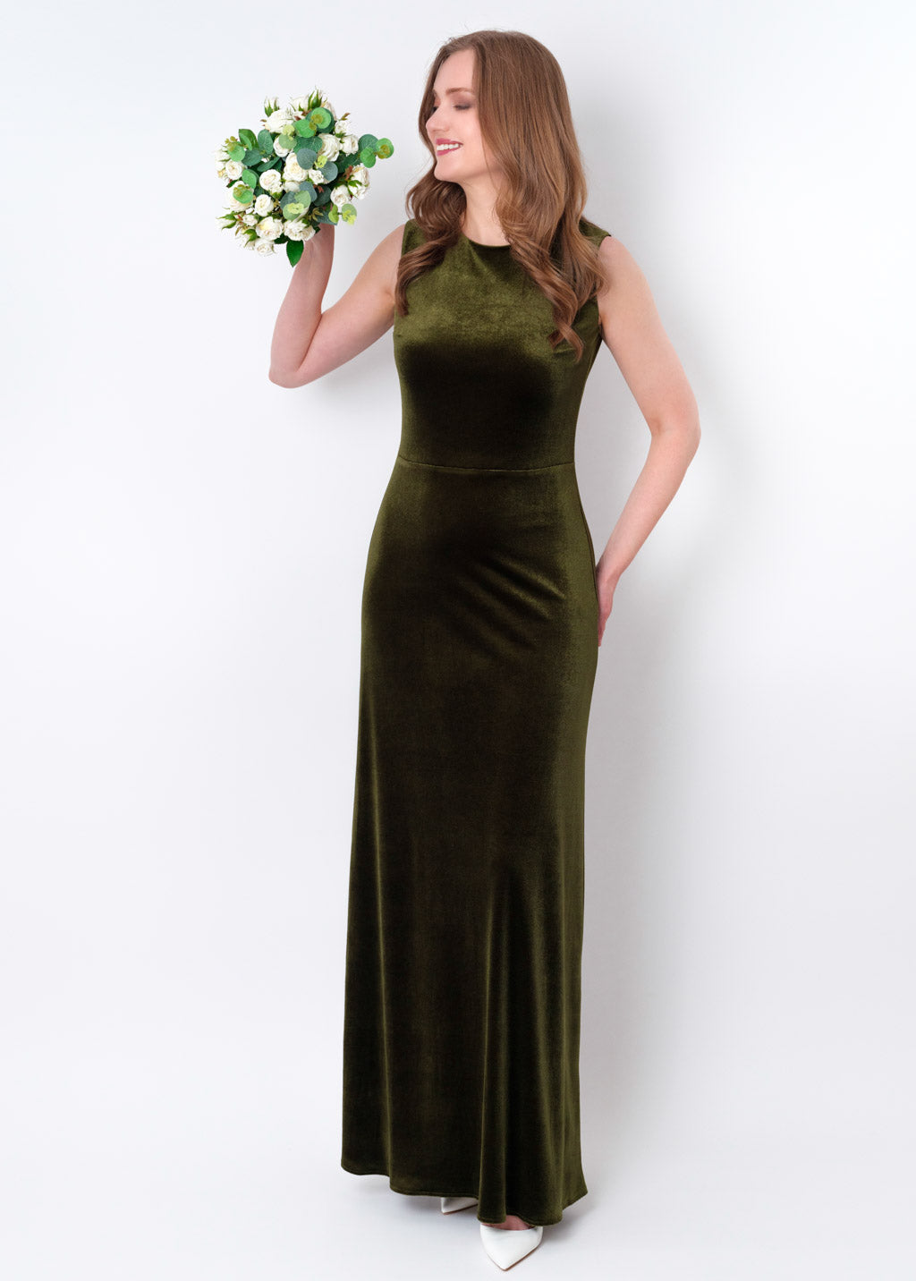 Olive green velvet long pencil dress