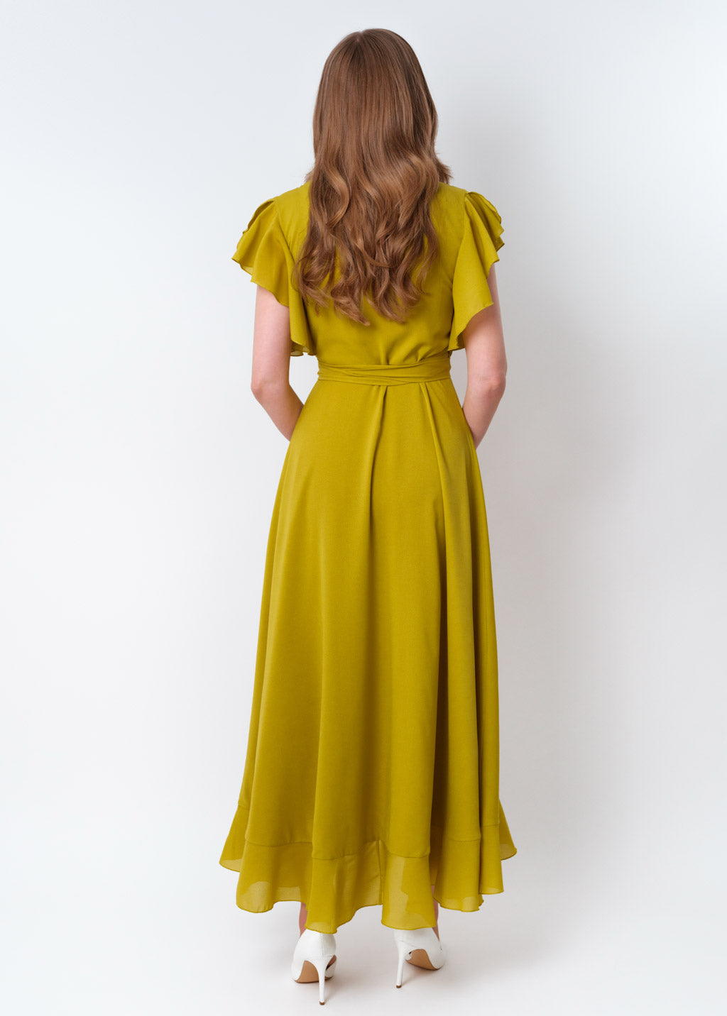 Yellow olive chiffon wrap dress