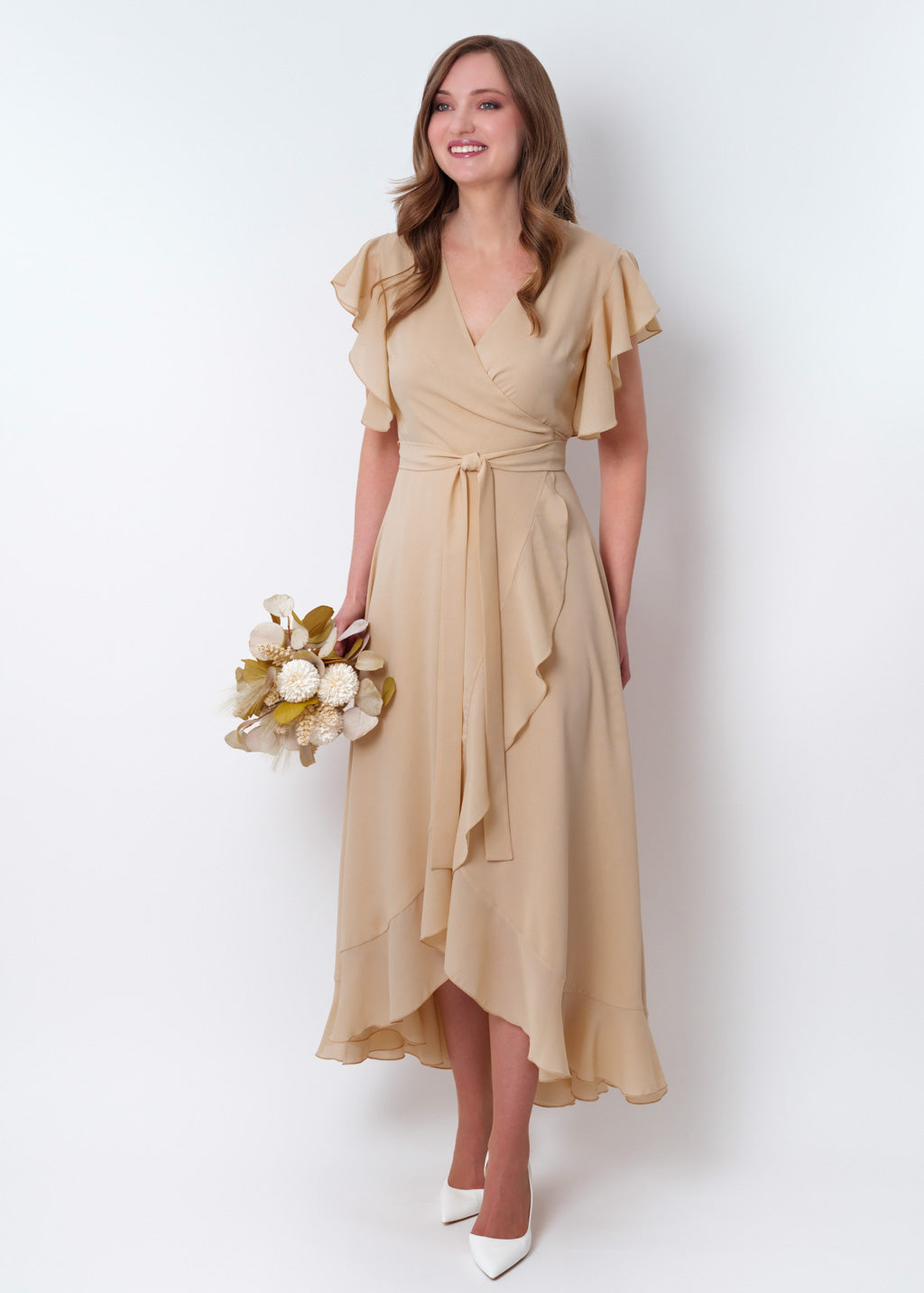 Champagne beige chiffon wrap dress