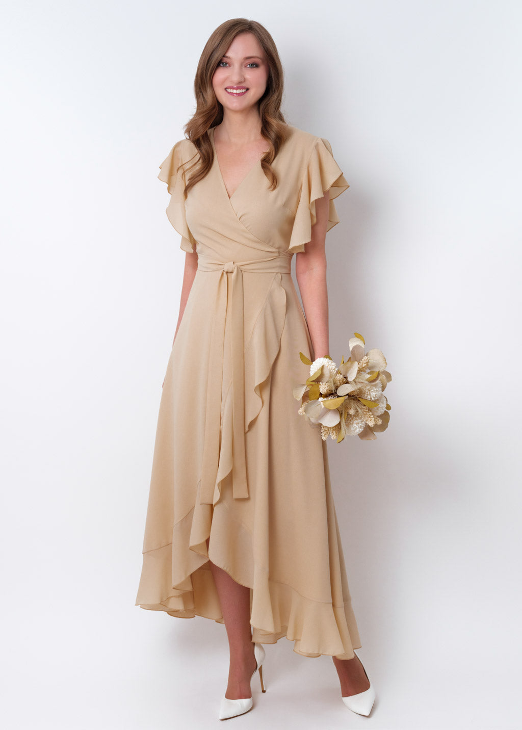 Champagne beige chiffon wrap dress