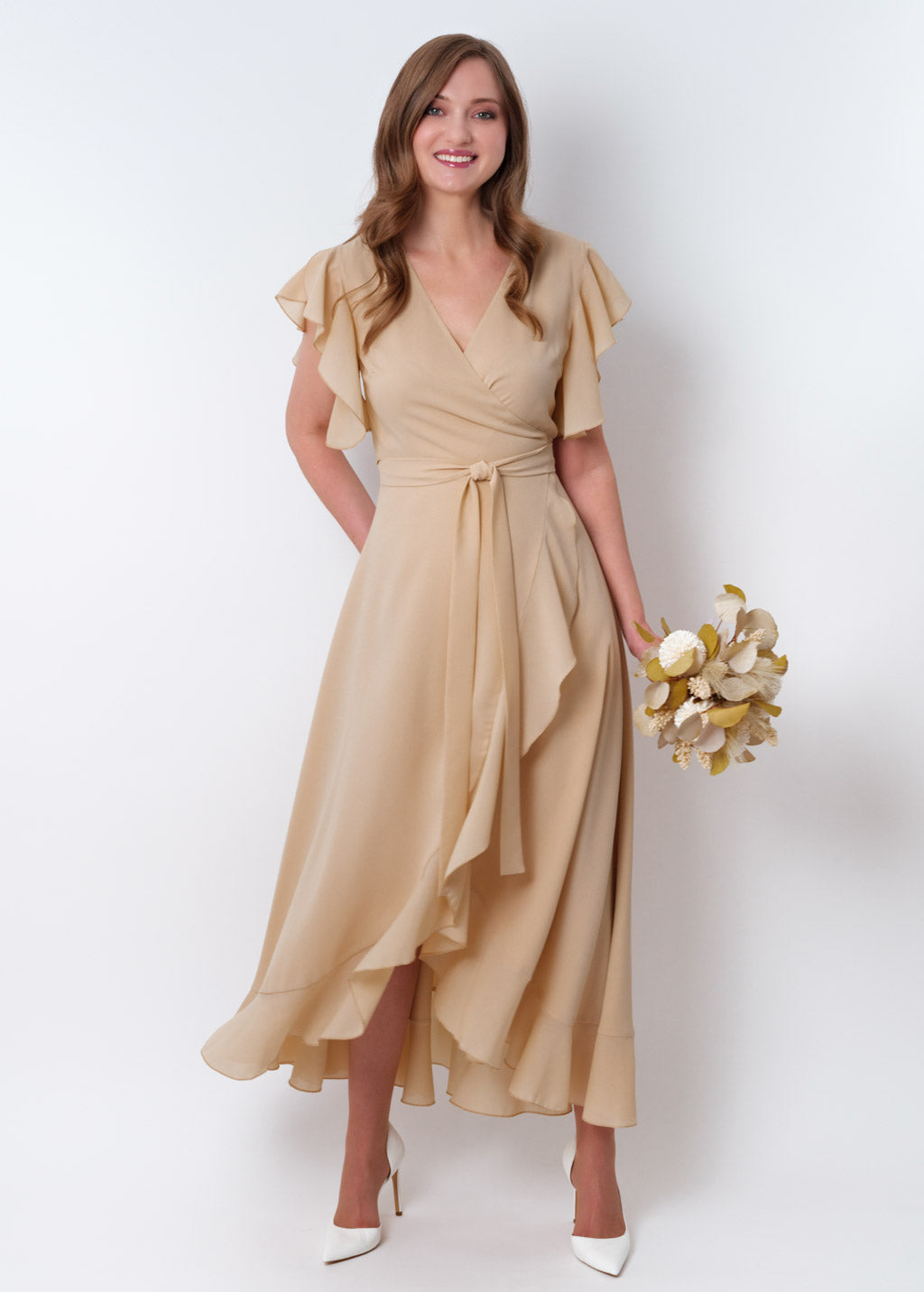 Champagne beige chiffon wrap dress