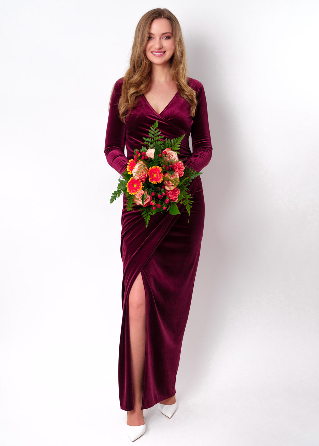 Plum burgundy long wrap bodycon velvet dress