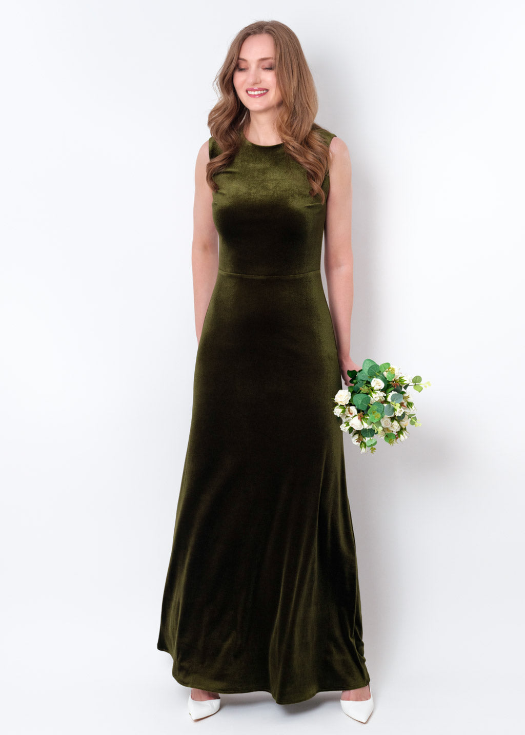 Olive green velvet long pencil dress