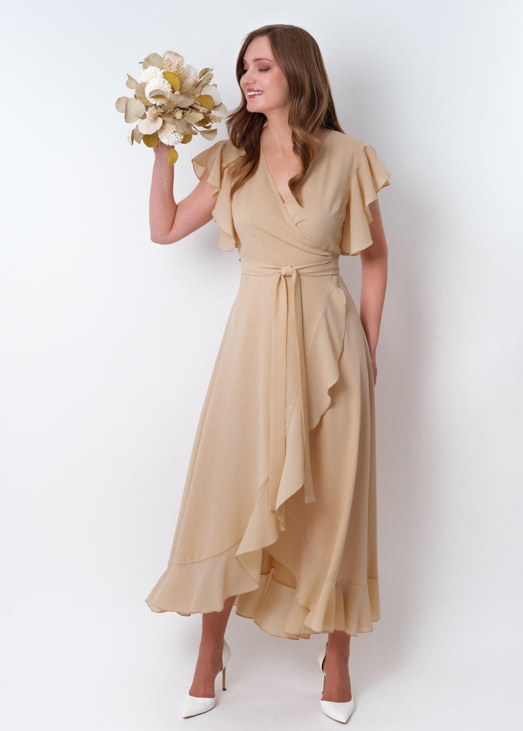 Champagne beige chiffon wrap dress