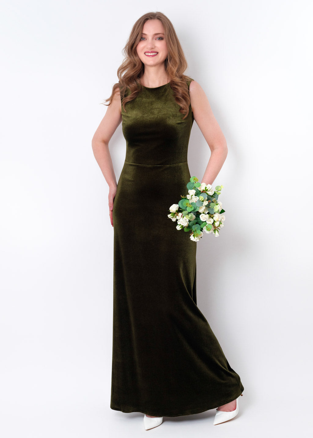 Olive green velvet long pencil dress