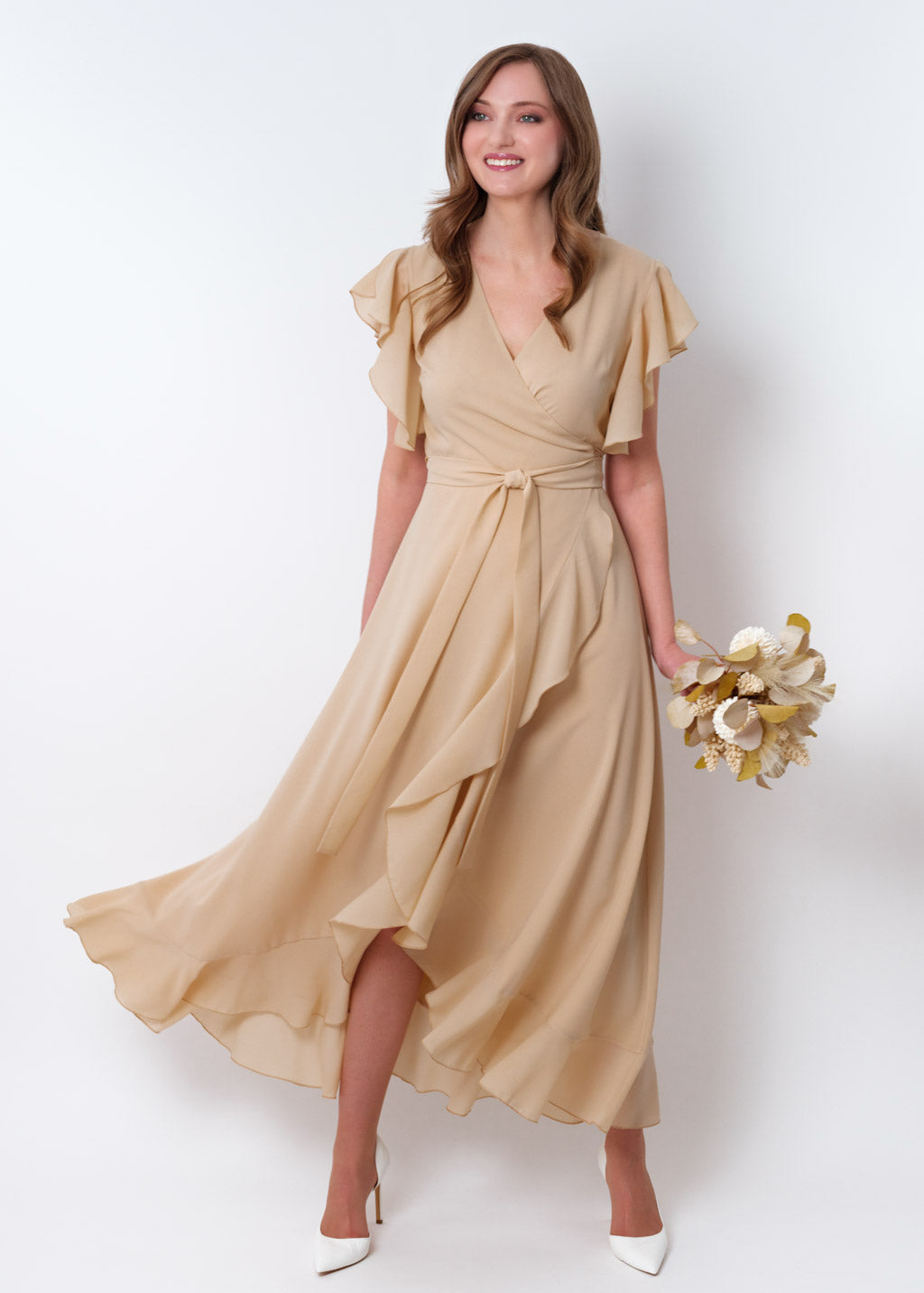 Champagne beige chiffon wrap dress
