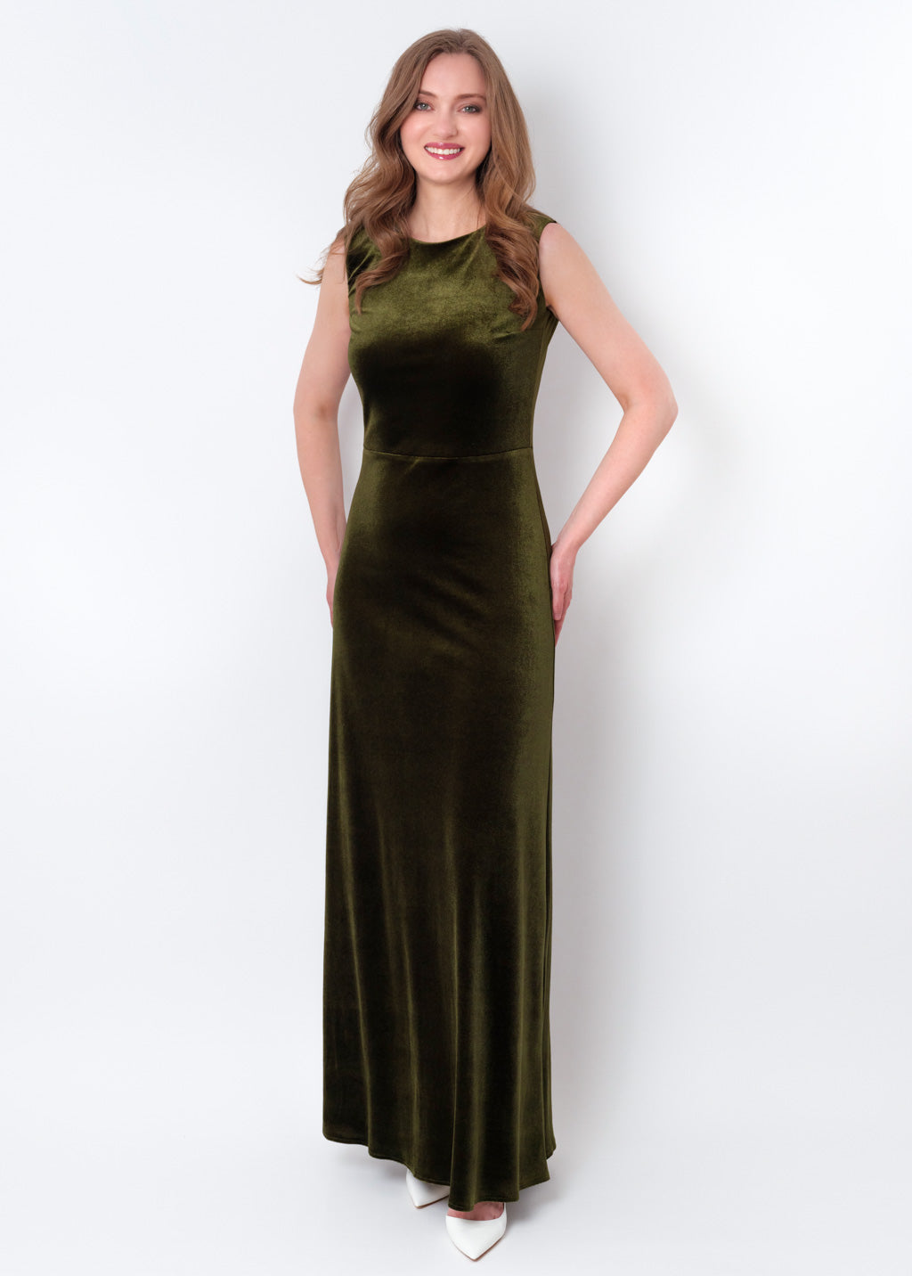 Olive green velvet long pencil dress