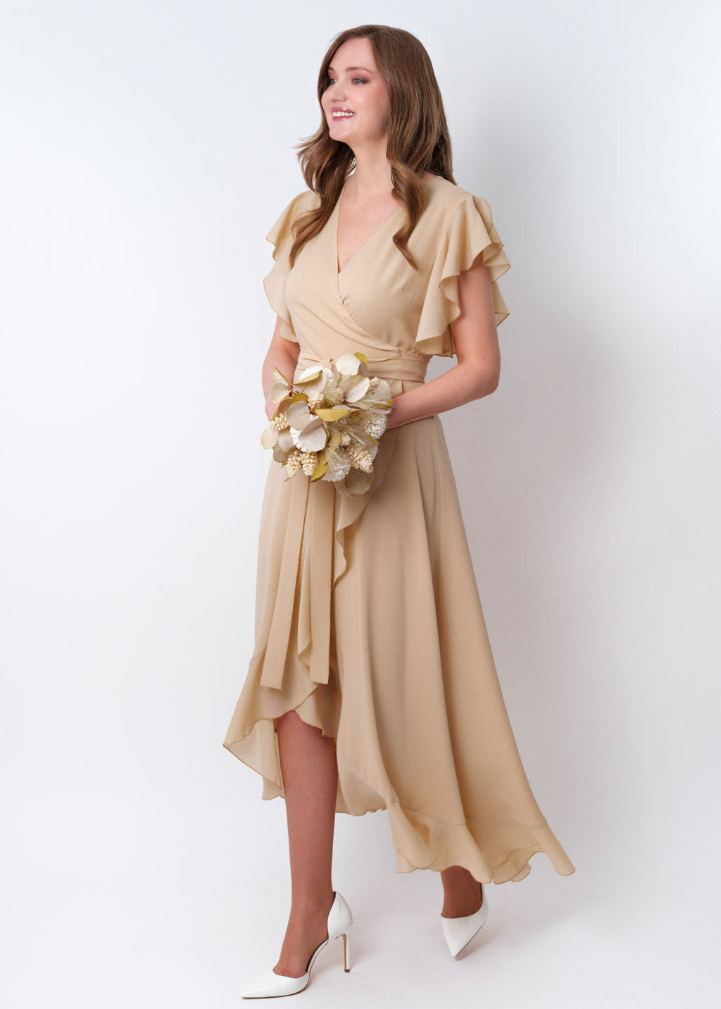 Champagne beige chiffon wrap dress