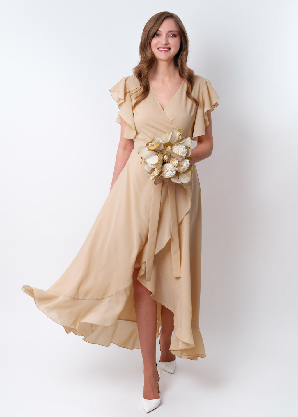 Champagne beige chiffon wrap dress