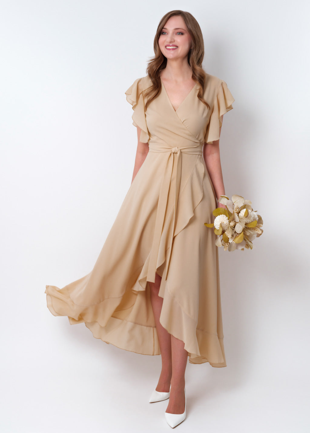 Champagne beige chiffon wrap dress