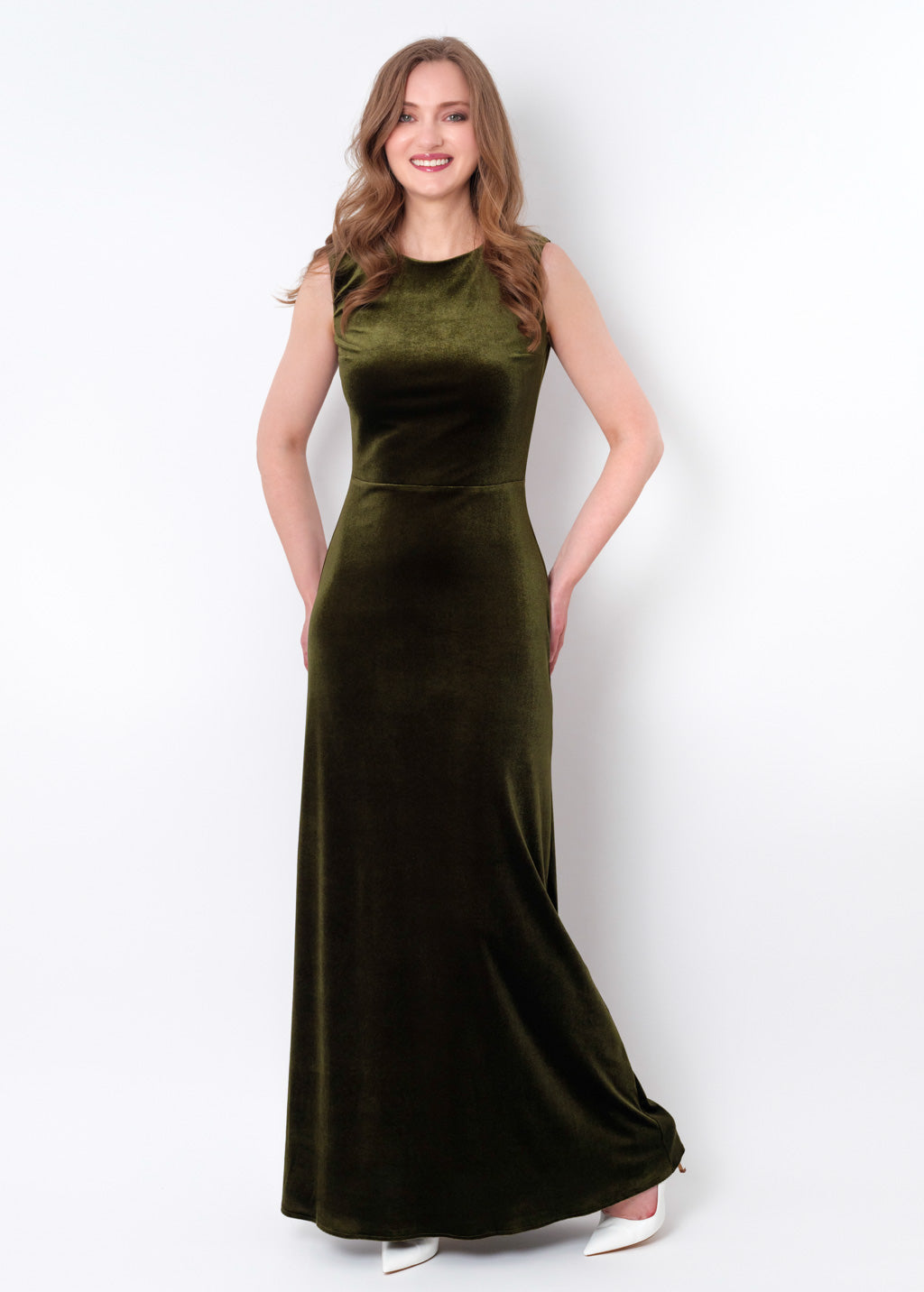 Olive green velvet long pencil dress