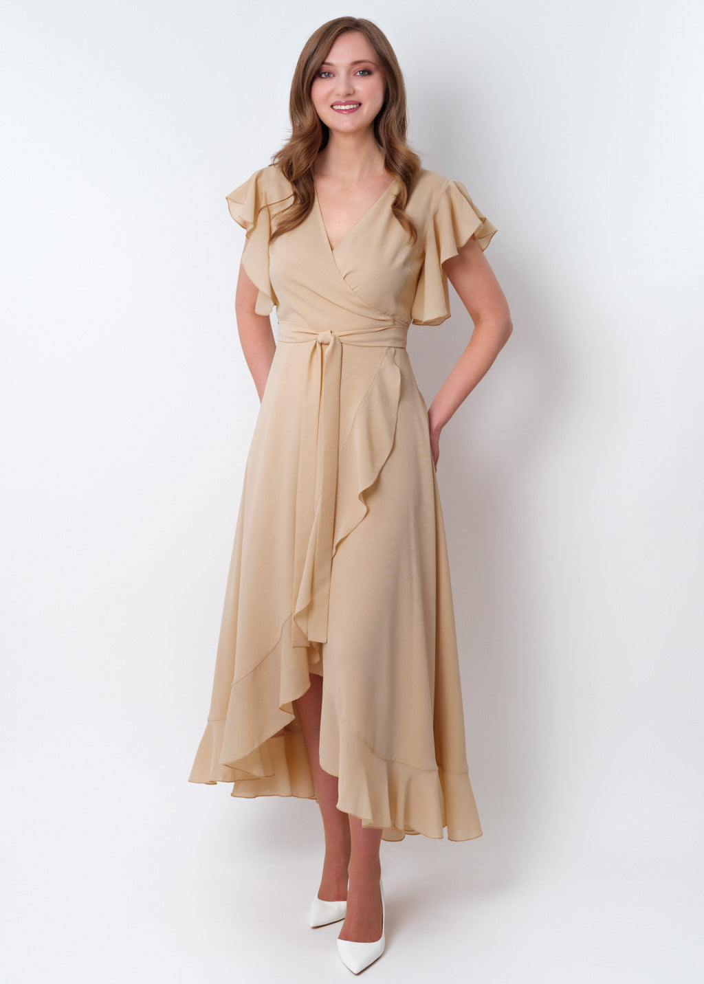 Champagne beige chiffon wrap dress