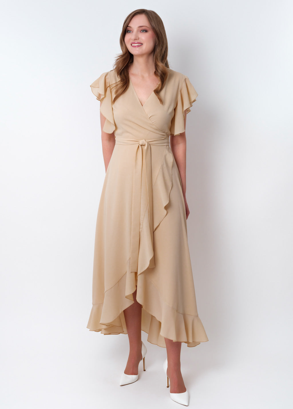 Champagne beige chiffon wrap dress