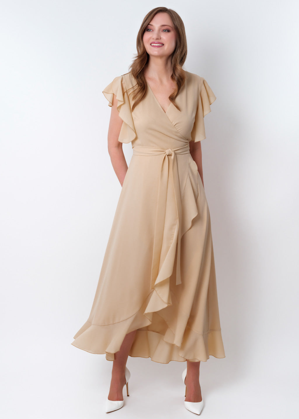 Champagne beige chiffon wrap dress
