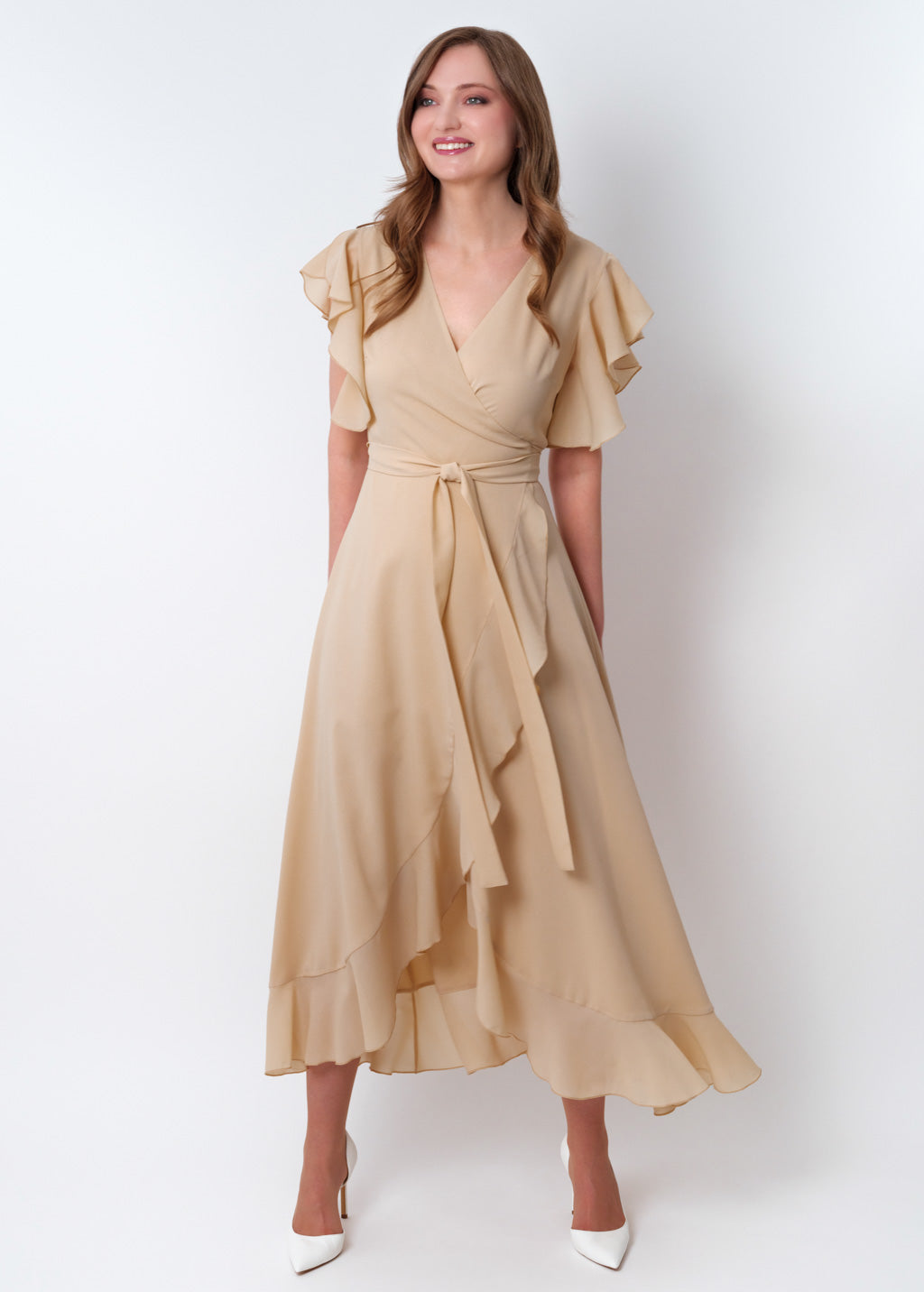 Champagne beige chiffon wrap dress