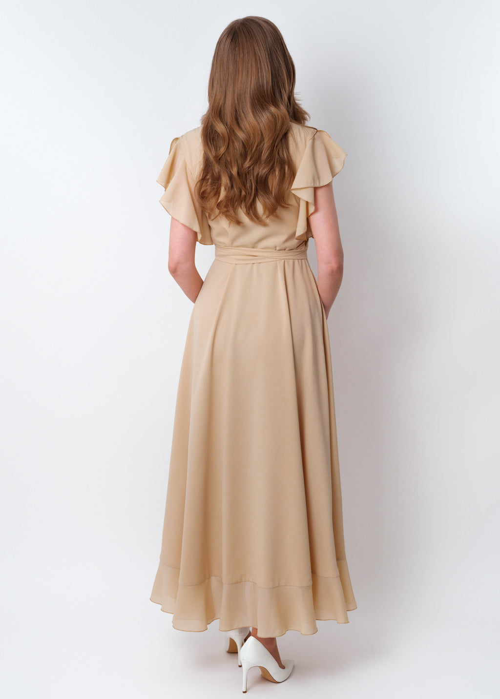 Champagne beige chiffon wrap dress