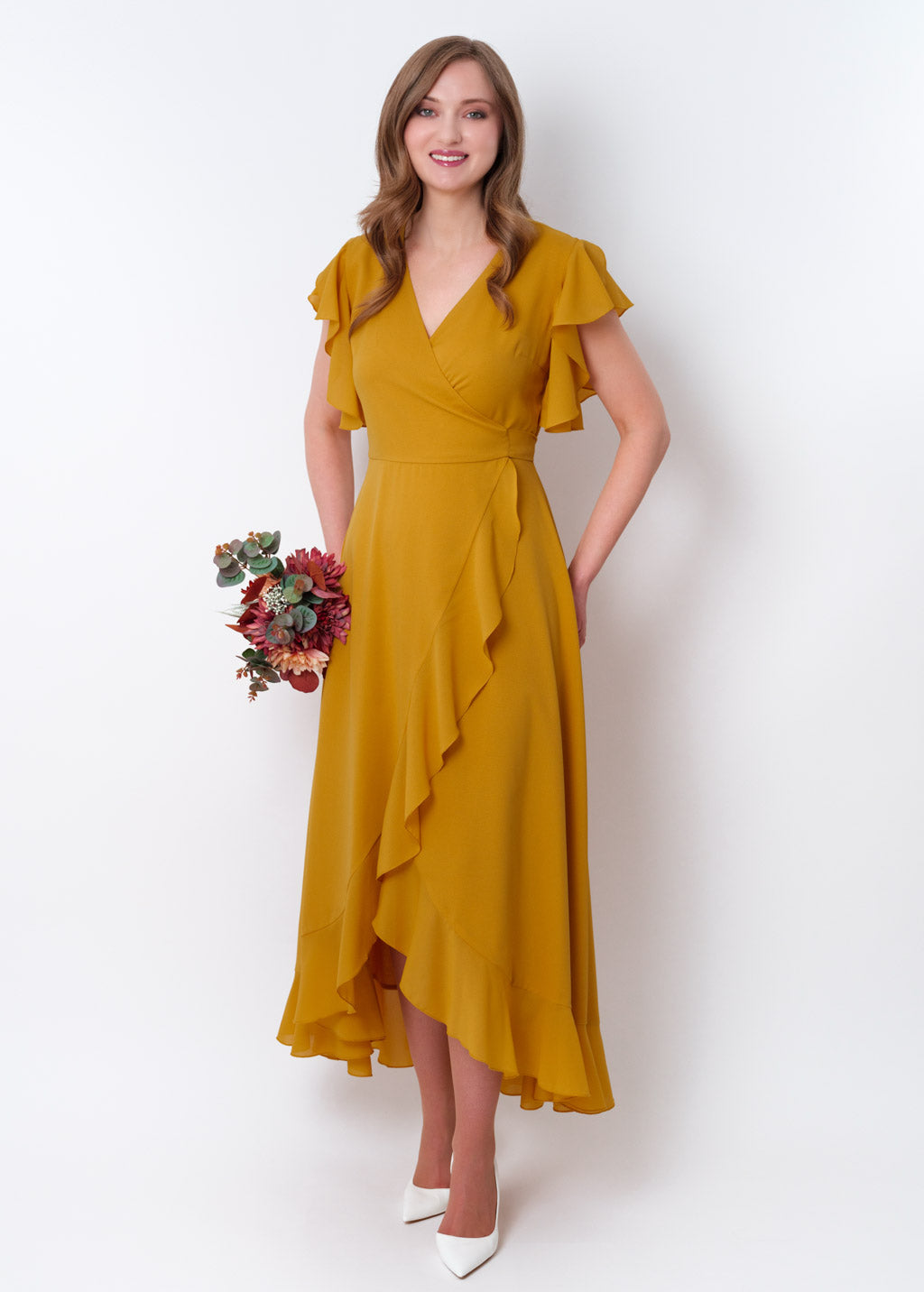 Gold chiffon wrap dress