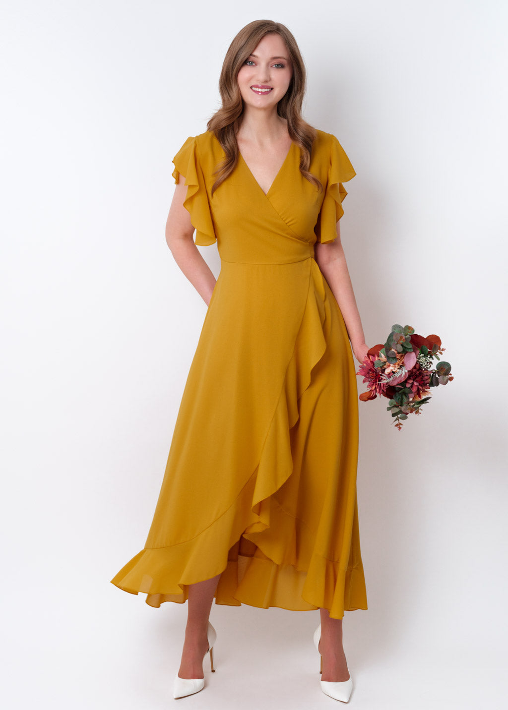 Gold chiffon wrap dress