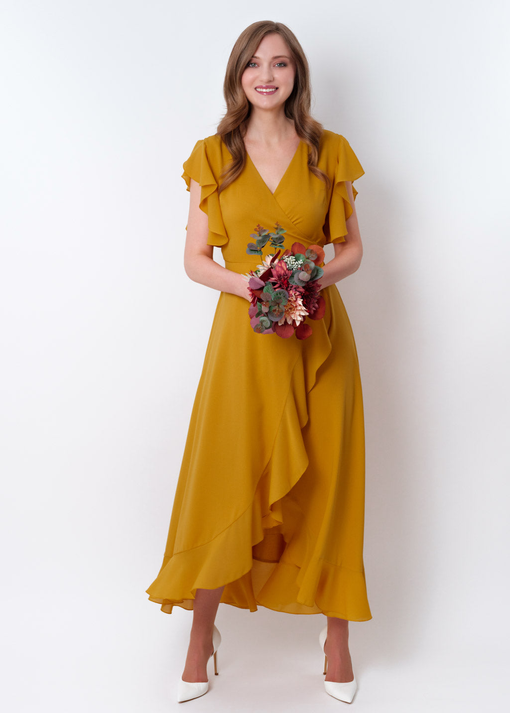 Gold chiffon wrap dress