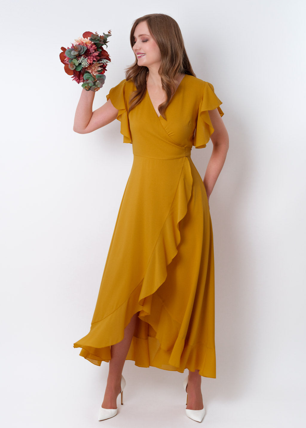 Gold chiffon wrap dress