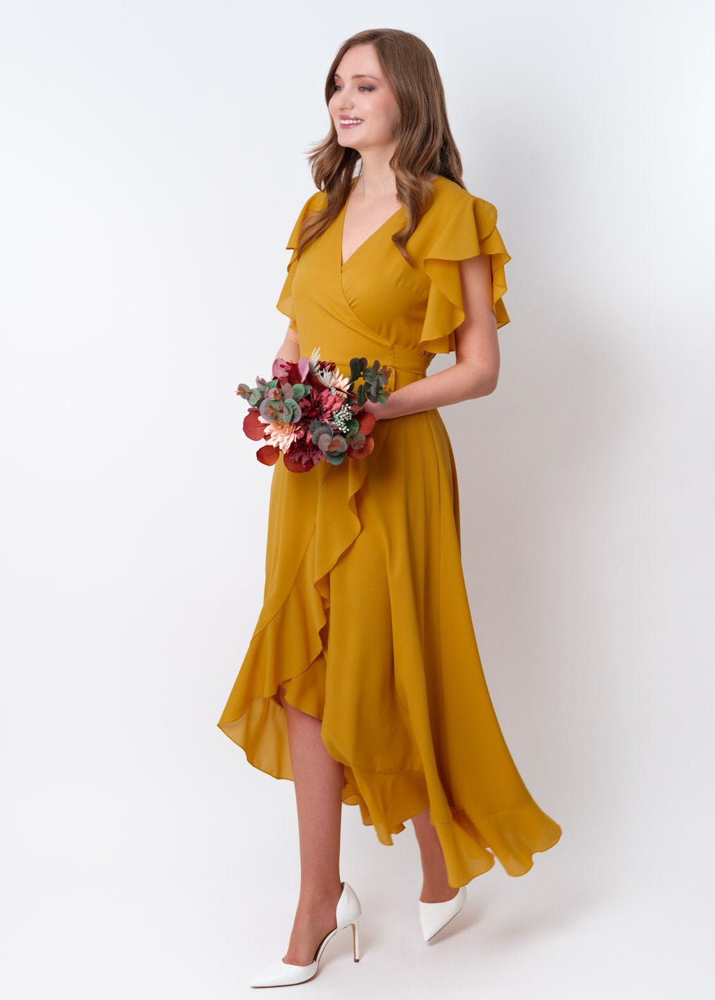 Gold chiffon wrap dress
