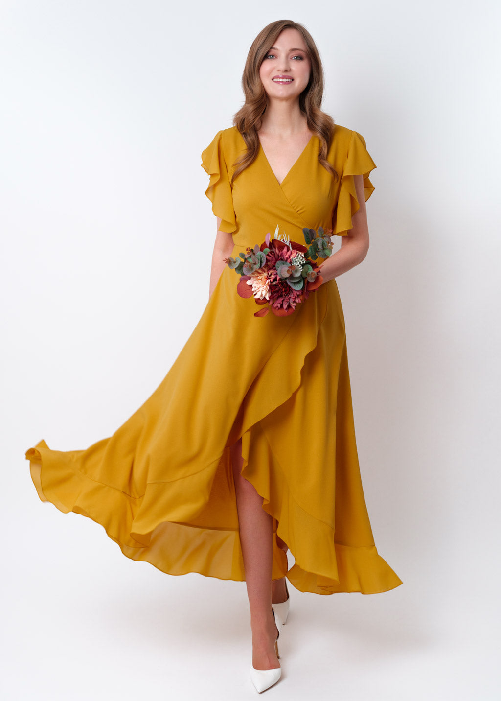 Gold chiffon wrap dress