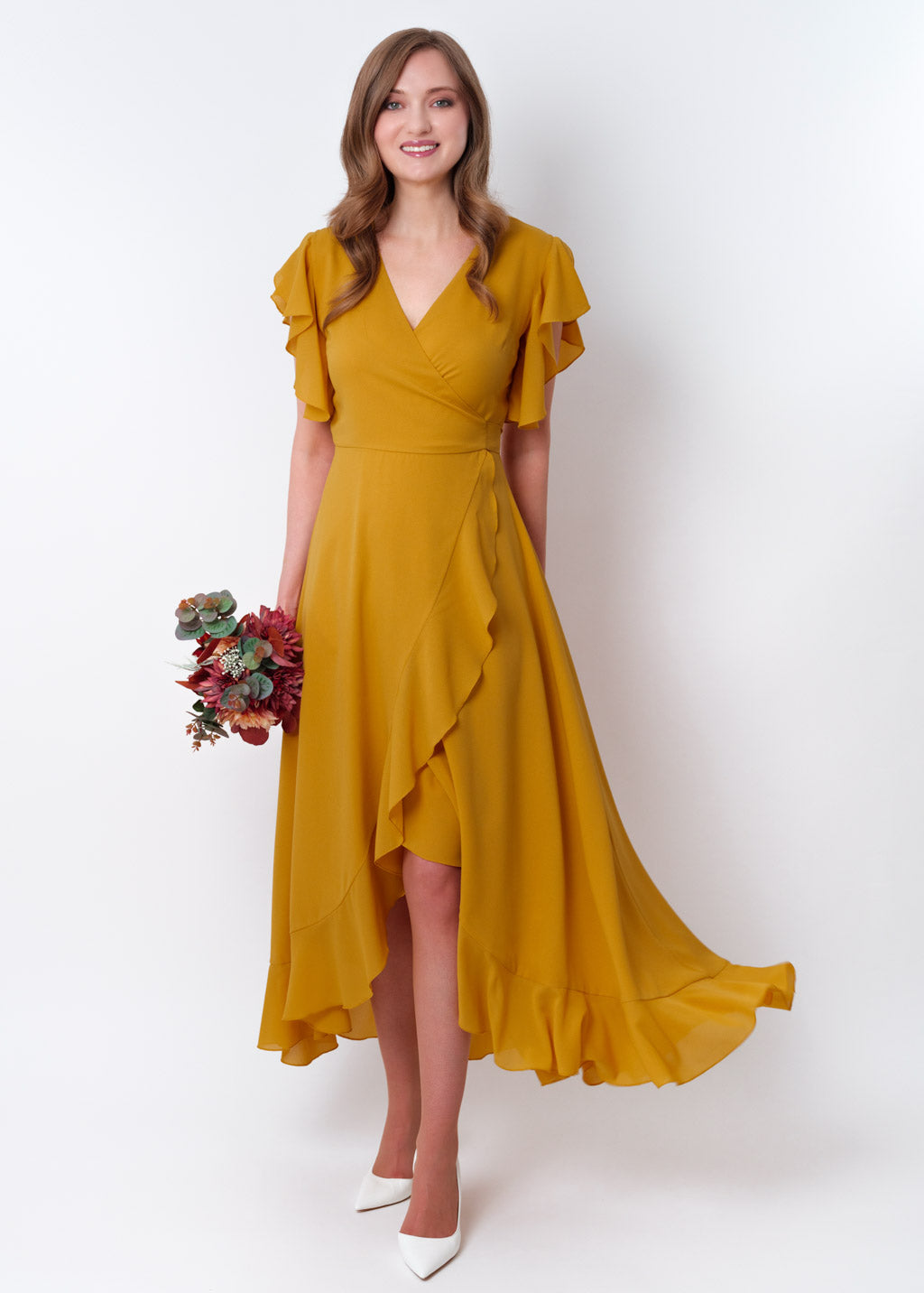 Gold chiffon wrap dress