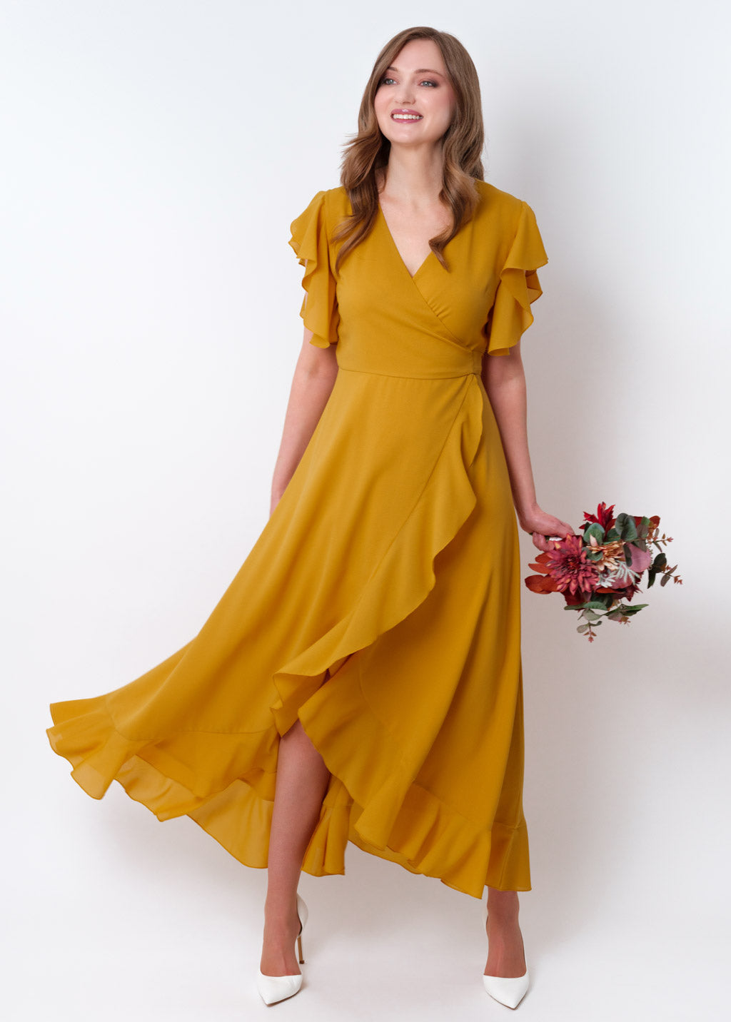 Gold chiffon wrap dress