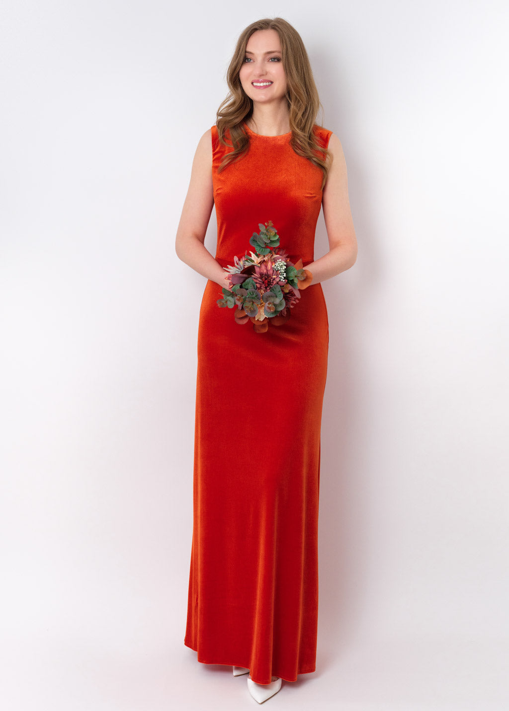 Rust orange velvet long pencil dress