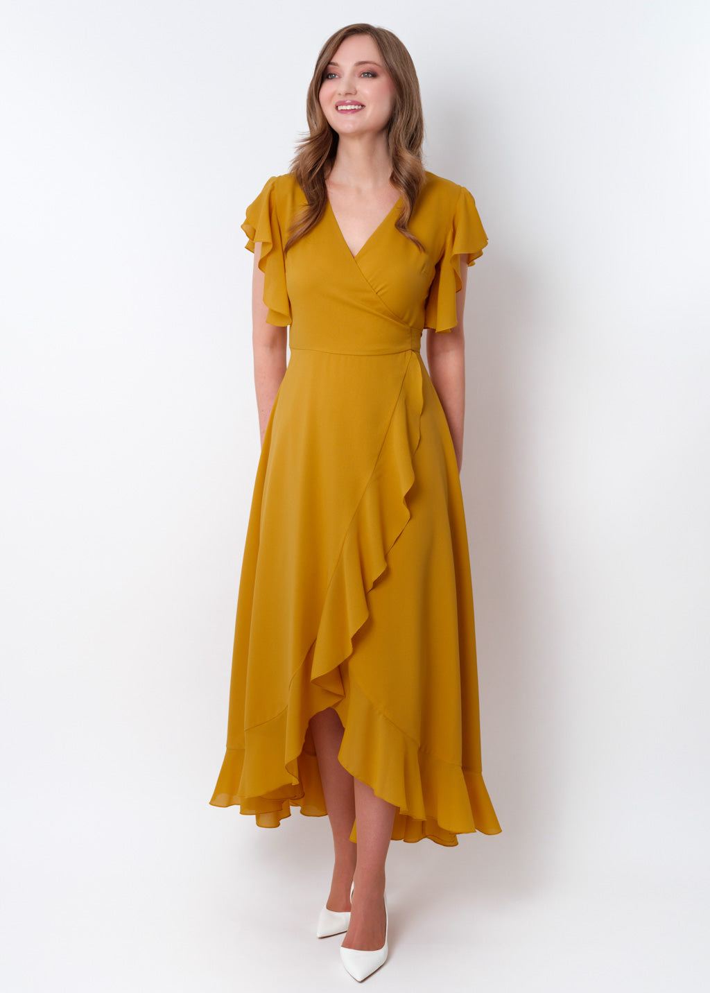 Gold chiffon wrap dress