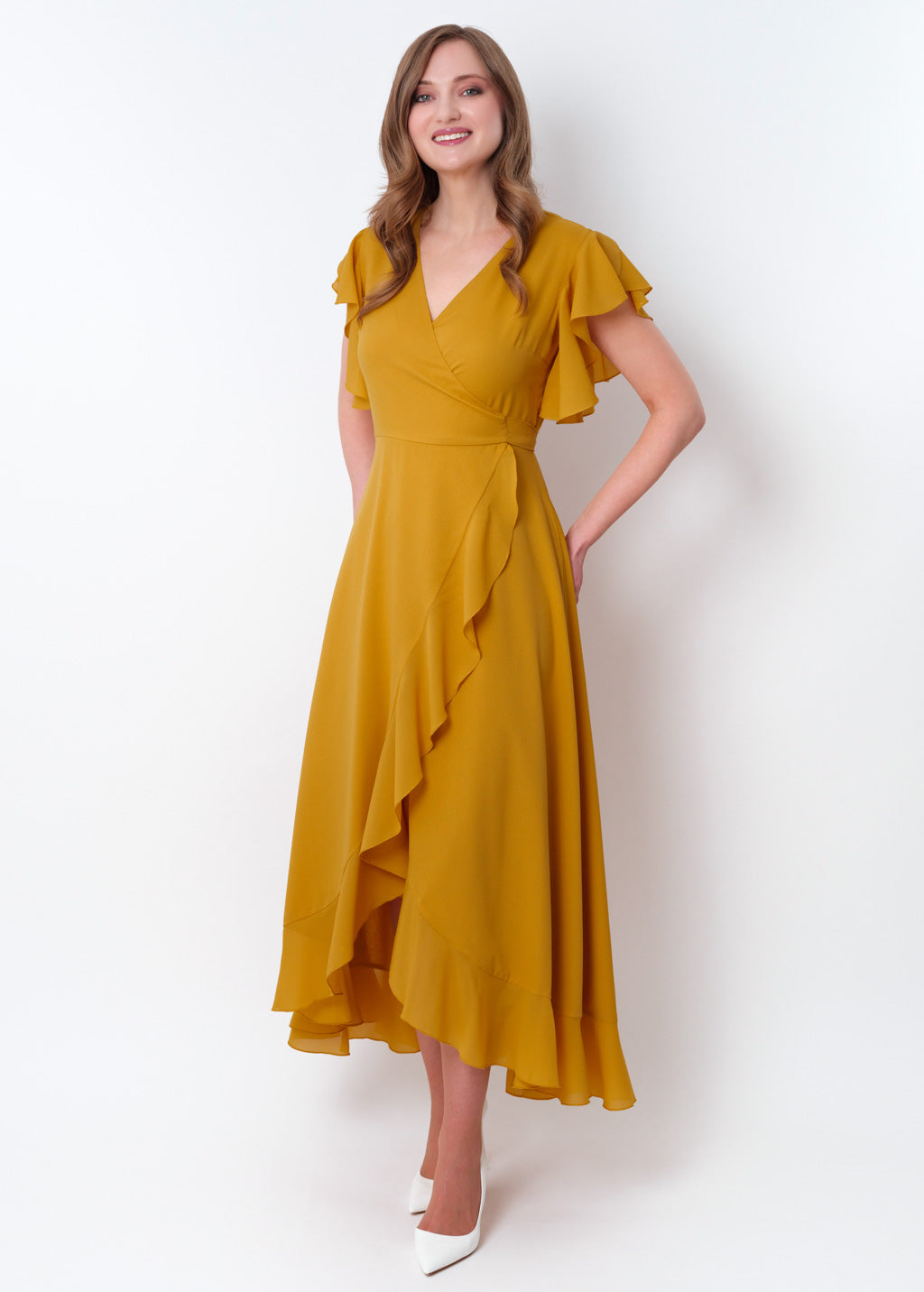 Gold chiffon wrap dress
