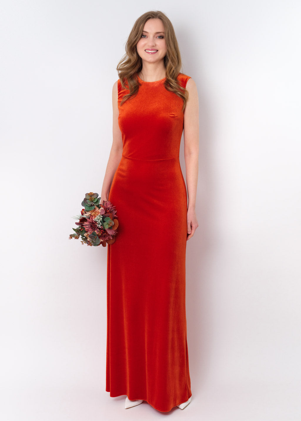 Rust orange velvet long pencil dress