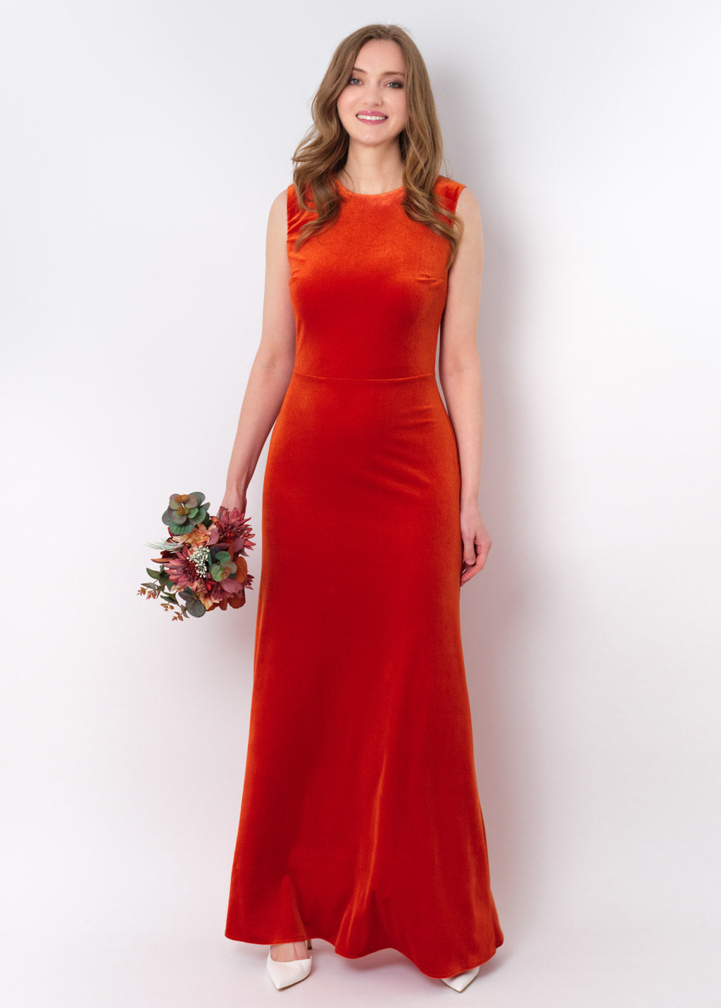 Rust orange velvet long pencil dress